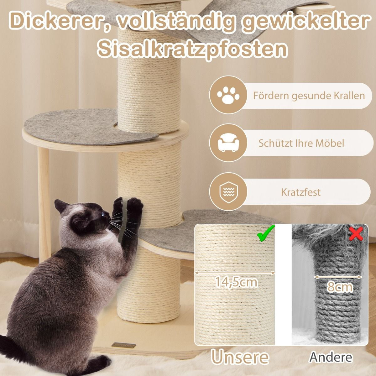 120 Cm Kratzbaum Holz Katzenbaum Mit Hängematte & 3 Plattformen & Sisal-Teppich Grau