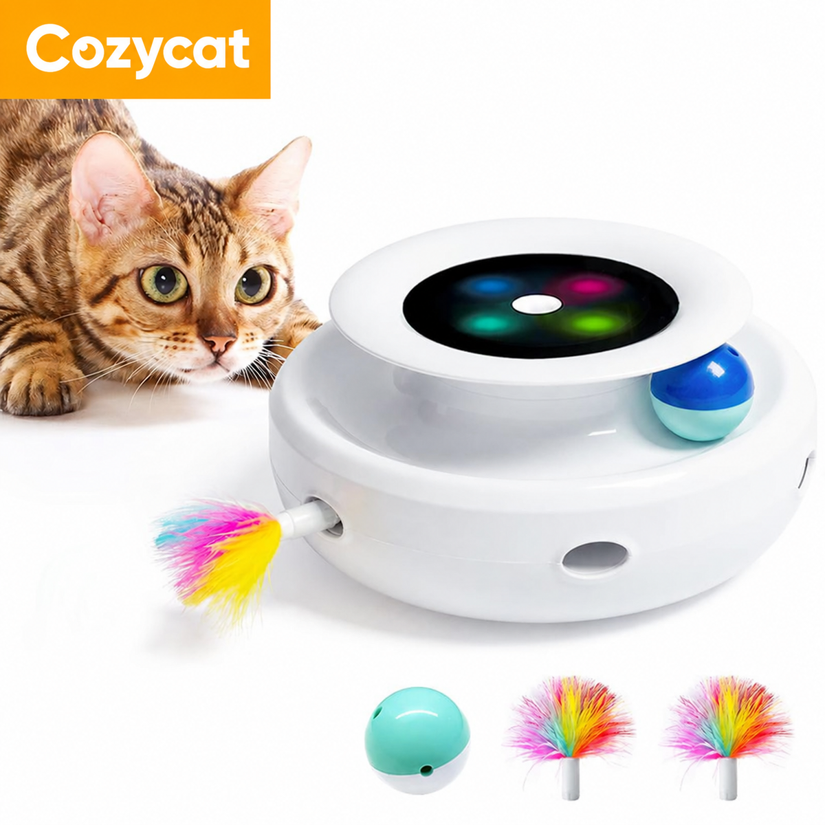 Cozycat 2-in-1 Interactive Cat Toy – Automatic Feather & Ball Toy with 5 Play Modes